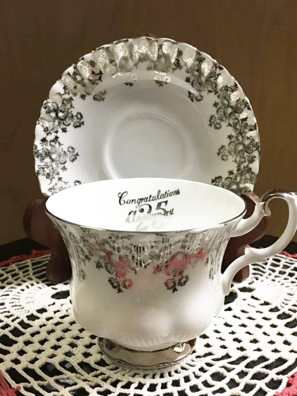 Royal Albert England 25th Anniversary Silver Filigree Teacup Saucer Set Regency